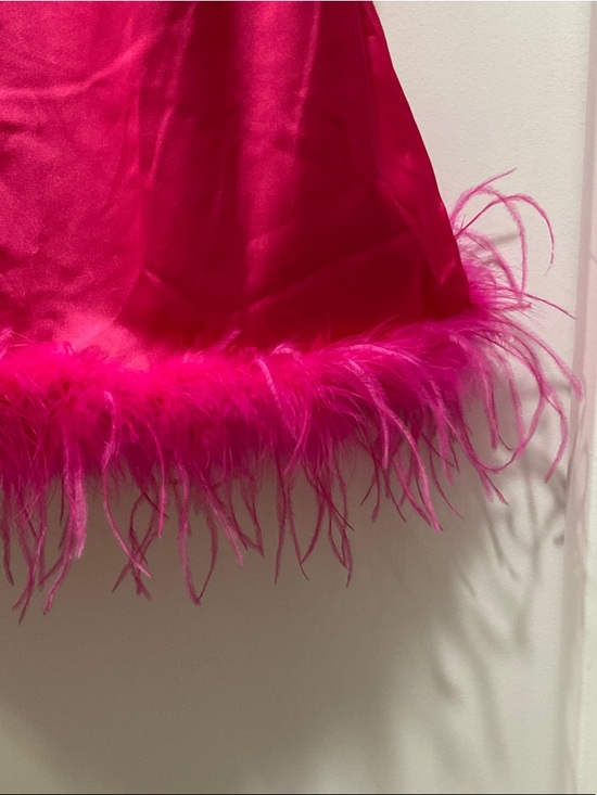 Peppermayo Hot Pink Satin Mini dress with Feather Hem - Picture 4 of 5